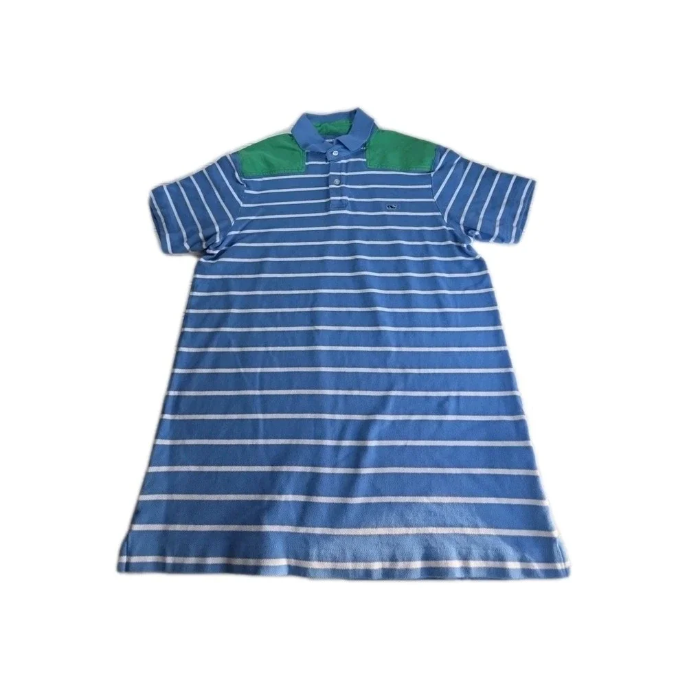 Vineyard Vines Polo Shirt Boys Large Blue Stripe Cotton Whale Logo‎ Casual
